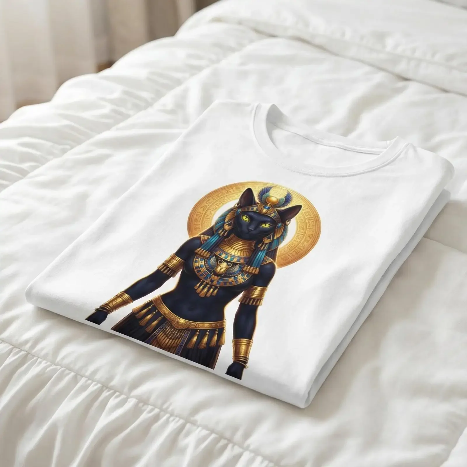 Majestic Bastet Cat Goddess T Shirt Egyptian Mythology Black Illustration vintage Washed fashion homme graphic Breathable