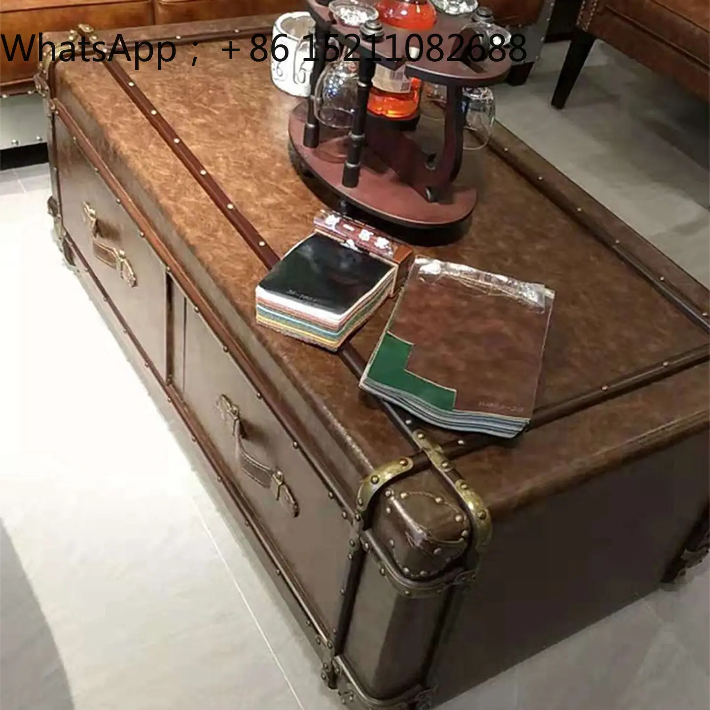 LLY country coffee table cigar bar solid wood leather retro leather case coffee table rattan French antique coffee table