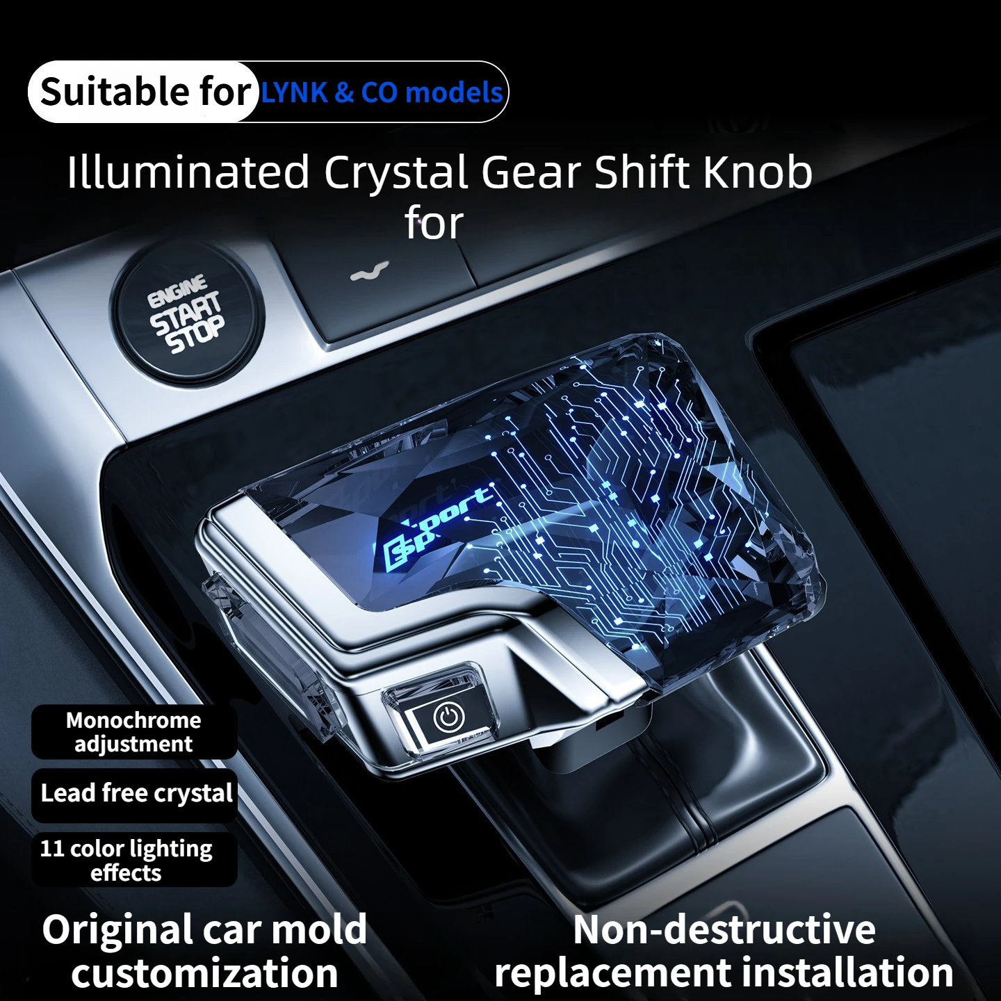 Yacht Aircraft Style Crystal Car Gear Shift Knob Luminous Ambient Lighting Gearbox Handle Modified for Lynk & Co 01 02 03 05 09