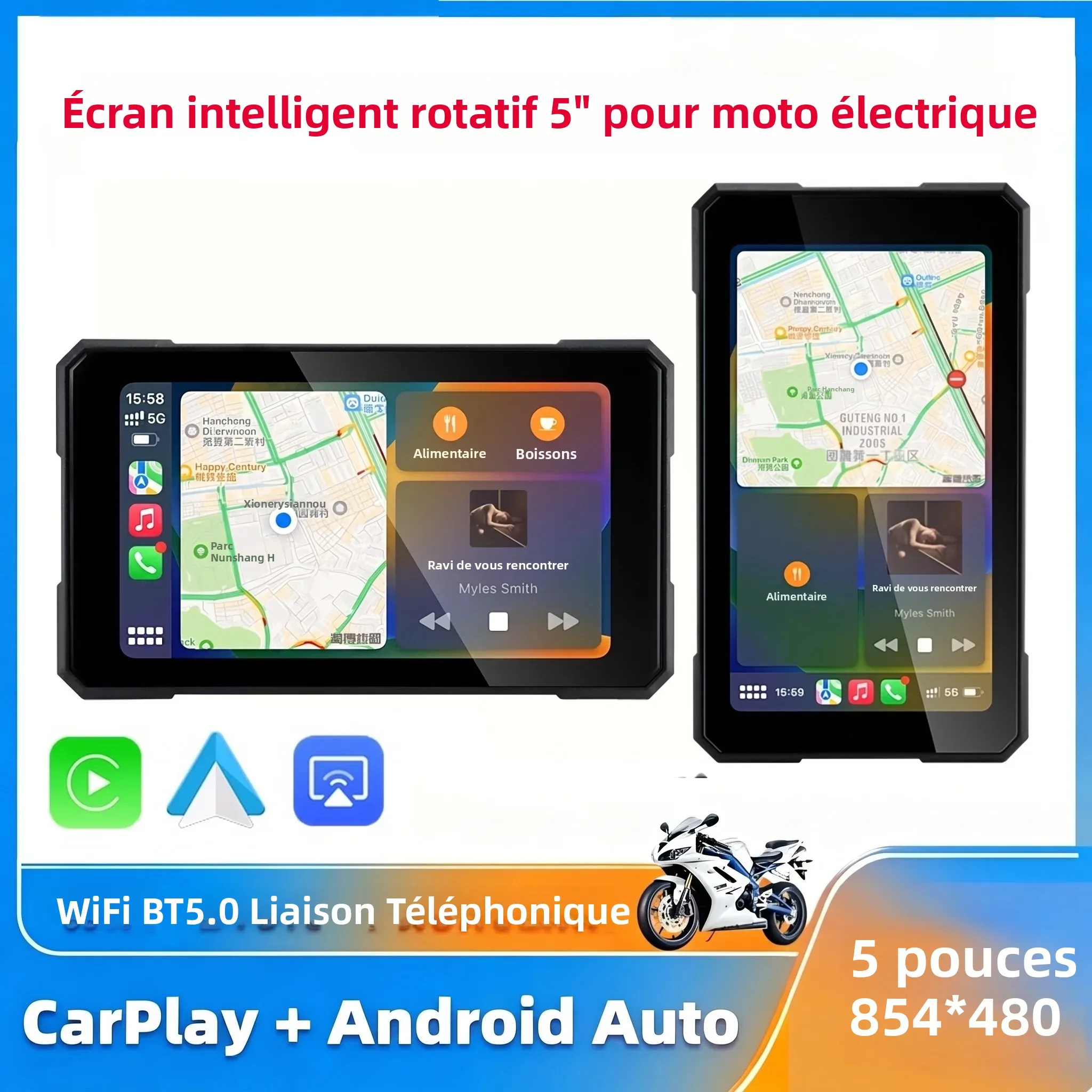 Écran intelligent portable rotatif pour moto Qzonnect 5.0" avec CarPlay sans fil et Android Auto pour iOS / Smartphones 15