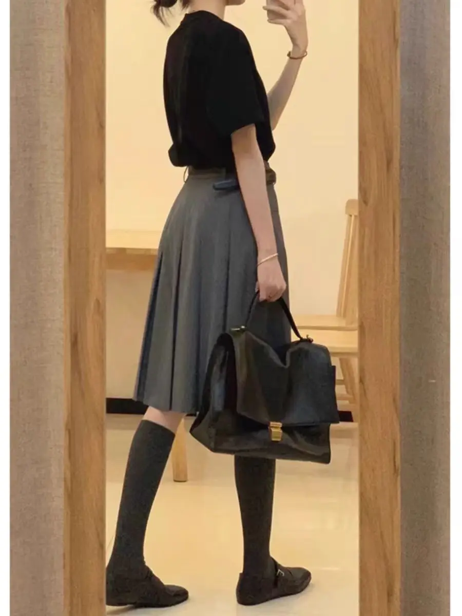 plus Size A-Line Midi Skirt Women's High Waist Flared Two-Sided Wear Retro Artistic Style Polyester Fiber Commute Pure Color