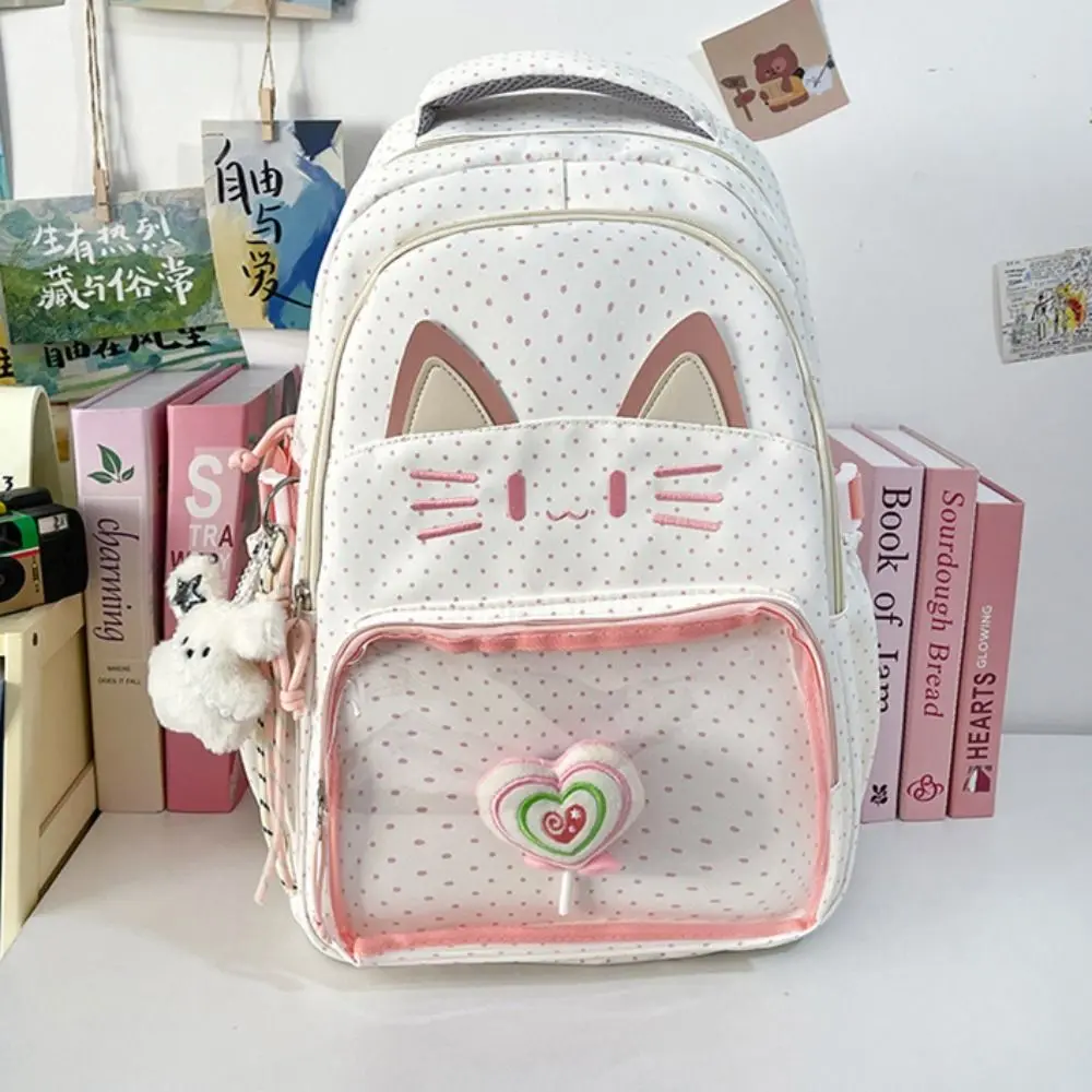 

Preppy Style Cartoon Cat Backpack Kitten Embroidery School Backpack Korean Style Large Capacity Students School Bag Travel