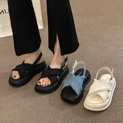 Fashion Womens Shoes 2024 Beach Sandals Summer Heels Suit Female Beige Luxury New Low Girls Comfort Denim Black Clear Clogs