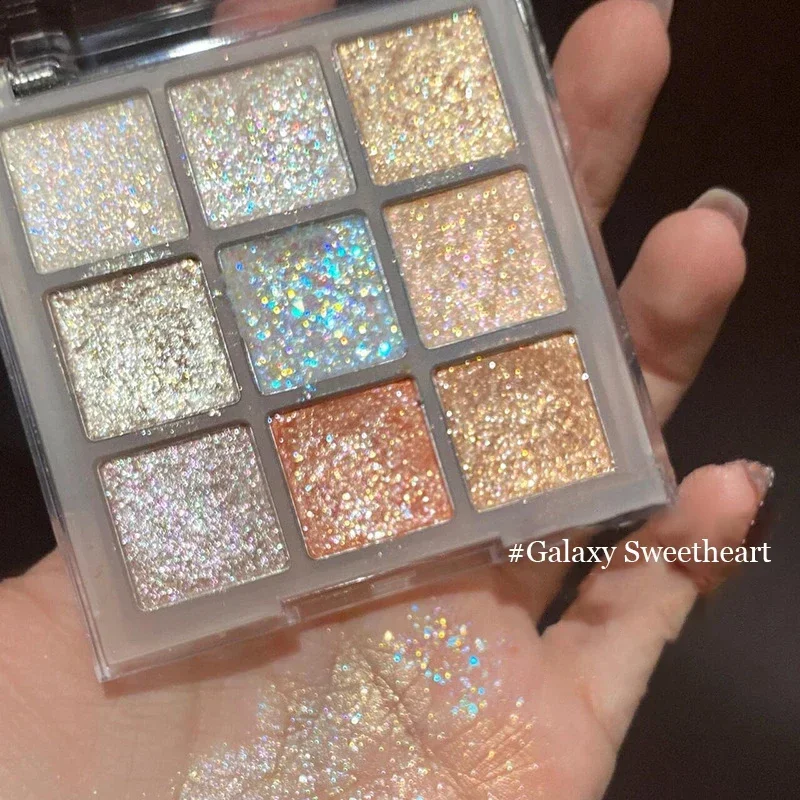 Palette di ombretti glitterati da 9 colori Colore terra Ombretto perlescente Shimmer Highlights Paillettes scintillanti Trucco occhi blu viola