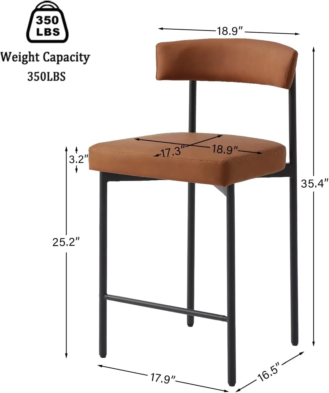 Brown Modern Bar Stools Set of 2, 24' Faux Leather Counter Stools with Curved Backrest
