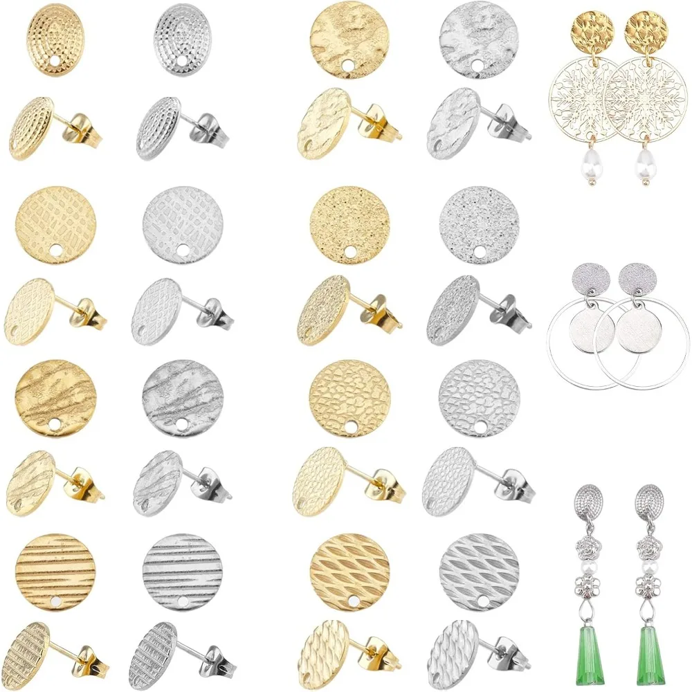 36 Pcs 18 Styles Earrings Posts, Flat Round Earring Pin Studs with Butterfly Earring Backs 304 Stainless Steel Stud Earring