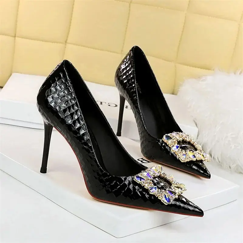 Women Elegant High Heel Stiletto Pumps Pointed Toe Black White Bling Metal Rhinestone Buckle Wedding Event Single Shoes