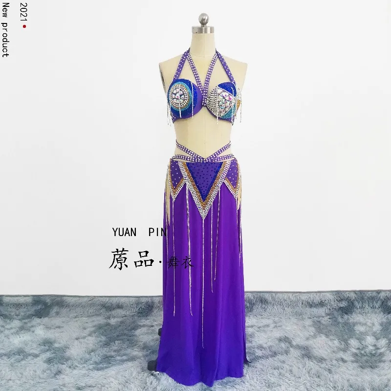 Customized Belly Dancewear Rhinestone Accessories Group Stage Suit Performance Costume Belly Dancing Bra Tassel Split Skirt Set