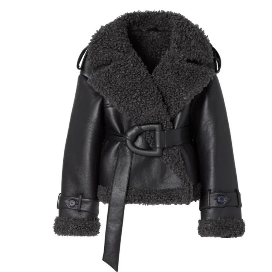 2025 nuevas chaquetas de cuero gruesas y cálidas con empalme de piel para mujer, abrigos recortados con cinturón de solapa grande a la moda, ropa de calle alta para invierno