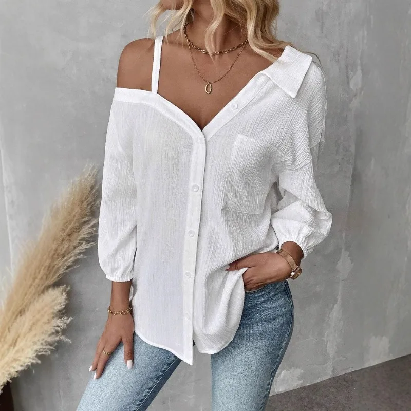 

In Stock of Cross-border Lapel Three-quarter Sleeve Off-the-shoulder Cardigan with Textured Single-breasted Casual Shirts 2026