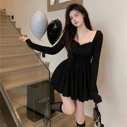 Korean Style Sexy Mini Dress Y2k Women Elegant Party Dress Black Female Casual Long Sleeve A-Line Lace Lolita Dresses Autumn