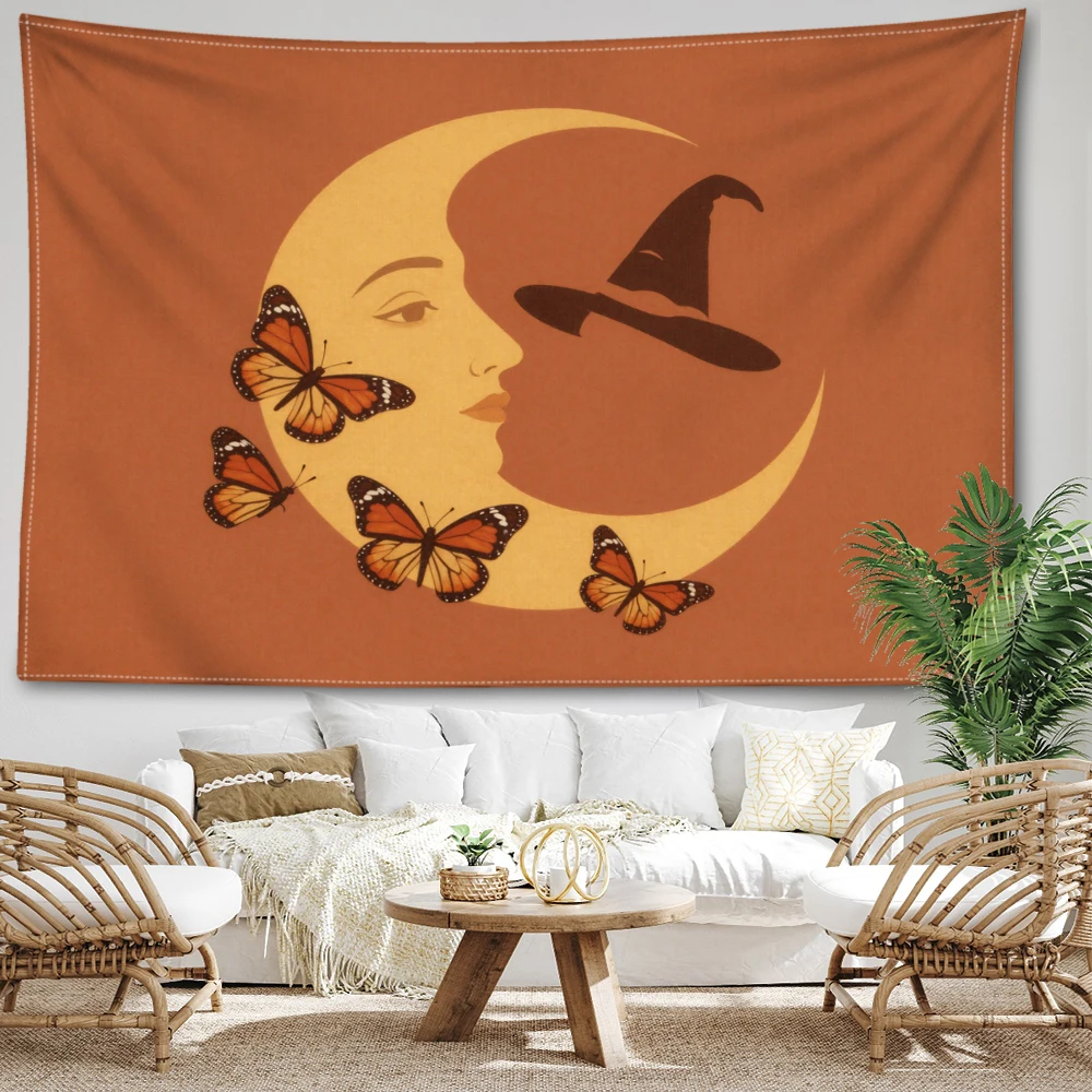 Orange Brown Witch Hat Moon Butterfly Halloween Wall Tapestry, Spooky Decor