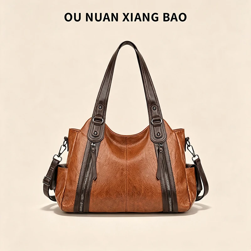 Fashion Retro Spliced Leather Tote High Quality Color Block Women Shoulder Bag Dual Zip Design Oversized Spacious Satchel Purse