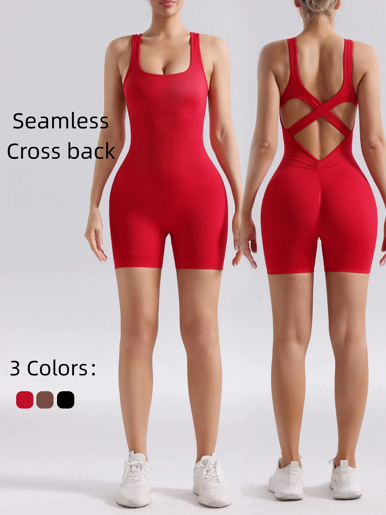 

Ladies Seamless Yoga Bodysuit with Breast Pads Cross Back Beautiful Outdoor Running Sport Butt Lifting Yoga Jumpsuit Shorts