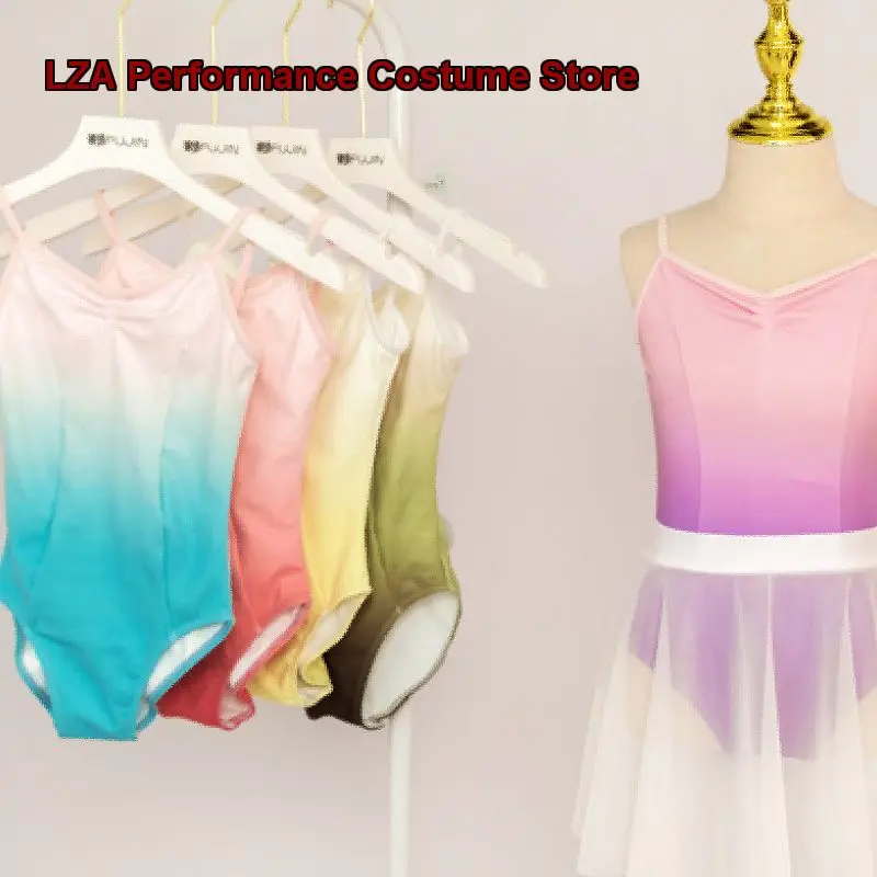 2024-solid-color-gradient-dance-grade-examination-body-suit-children's-summer-spaghetti-strap-gymnastics-kids