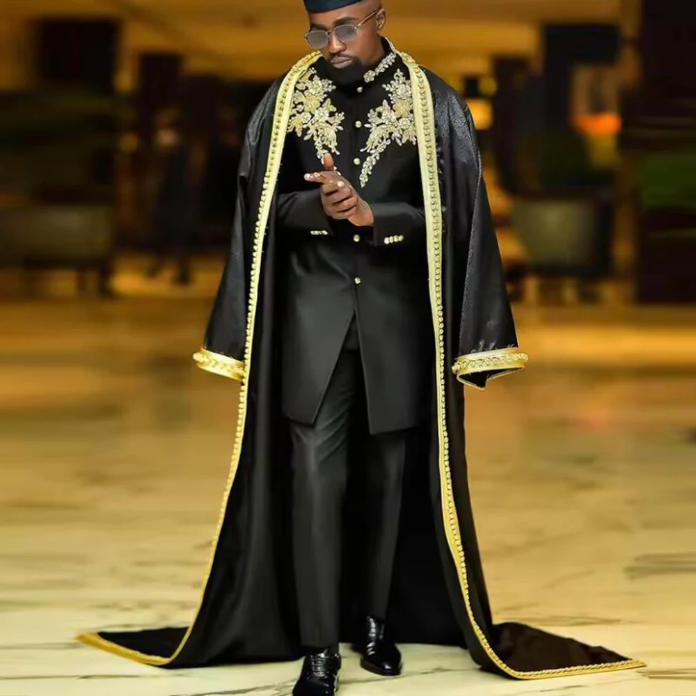 

Male Fashion Beaded Stones Suit Attire For Wedding Customized Embroidered Lable Prom Blazers Customized Groom Blazer With Cape