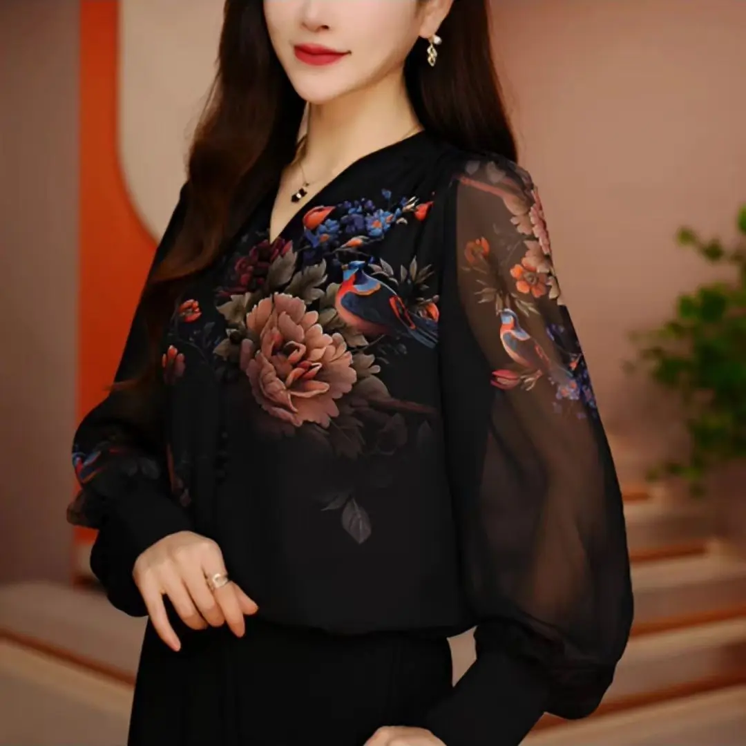 High End Temperament Ethnic Style Small Shirt for Women Fashionable Peony Flower Age Reducing Loose Chiffon Top for Women