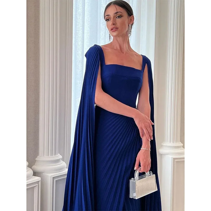 Elegant Simple Blue Ruffle Square Neck Floor-Length Formal Occasion Prom Dress Front Slit Customized Evening Party Gowns