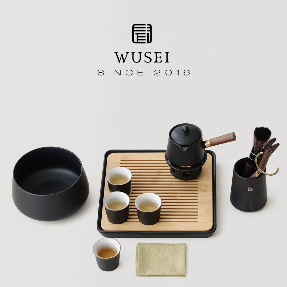 Wusei Black Sand Raku Simple Tea Tray Bamboo Ceramic Double Layer Water Storage Small Tea Table Home Use Square Shape