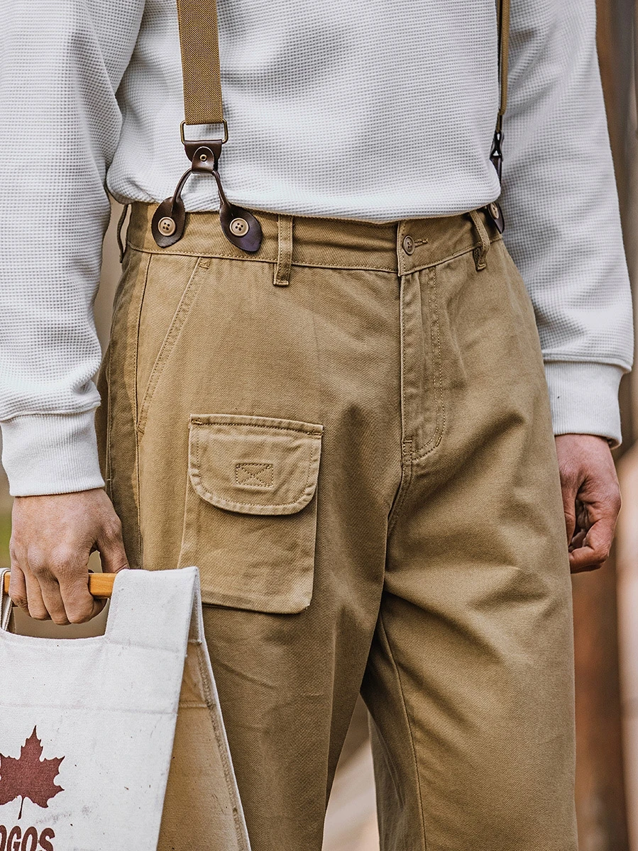 Men\'s Suspender Pants Loose Straight Multi-pockets Khaki Overalls Outdoor Casual Retro Cargo Pants for Male Boyfriend