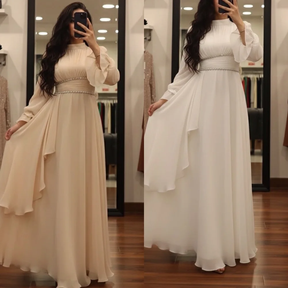 Eleganckie, szyfonowe sukienki wieczorowe z plisami, drapowanym szarfem, zdobione cyrkoniami, o kroju litery A, z wysokim kołnierzem, dostępne różne rozmiary, modne.