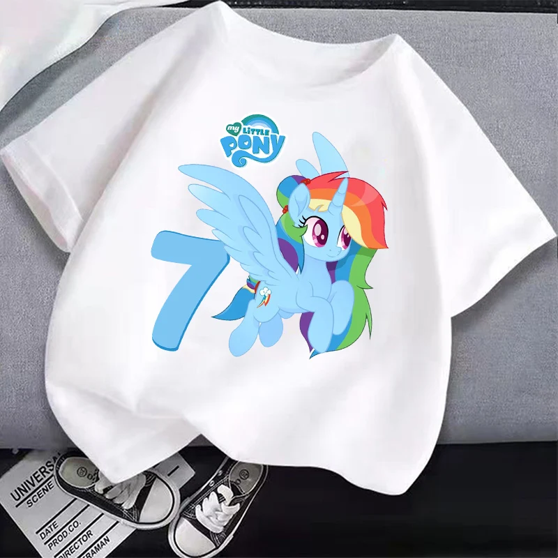 My Little Ponys Children Number 1-10 T-Shirt Birthday Cute Anime Rainbow Dashs Clothes Kid Cotton T Shirt White Casual Tops Gift