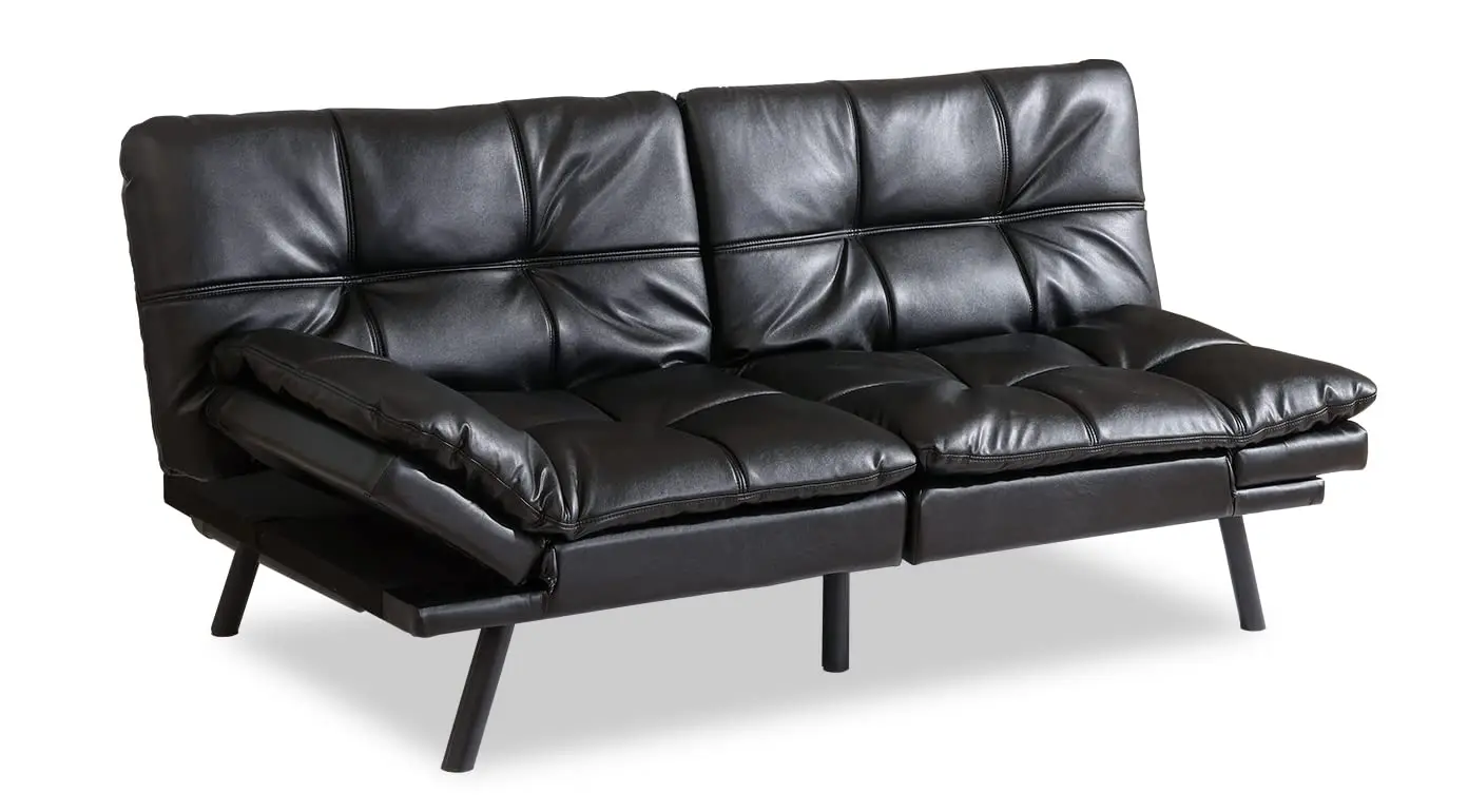 

Modern Black Leather Futon Sofa Bed With Adjustable Backrest Split Seat Folding Sleeper For Small Space