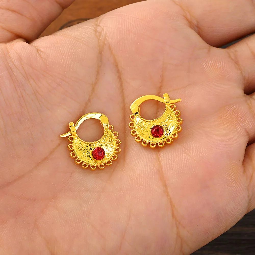 Gold Color Lovely Red CZ Round Circles Huggies Hoop Earrings Kids Children Women Girls Boy Jewelry African Christmas Party Gift