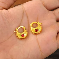 Gold Color Lovely Red CZ Round Circles Huggies Hoop Earrings Kids Children Women Girls Boy Jewelry African Christmas Party Gift
