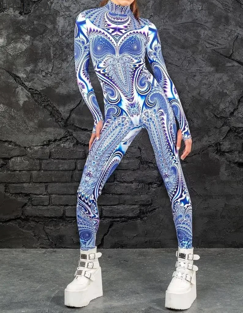 Women's Colorful Abstract Geometric Cosplay Jumpsuit Cyberpunk Bodysuit Steampunk Zentai Suit Halloween Carnival Party Catsuit