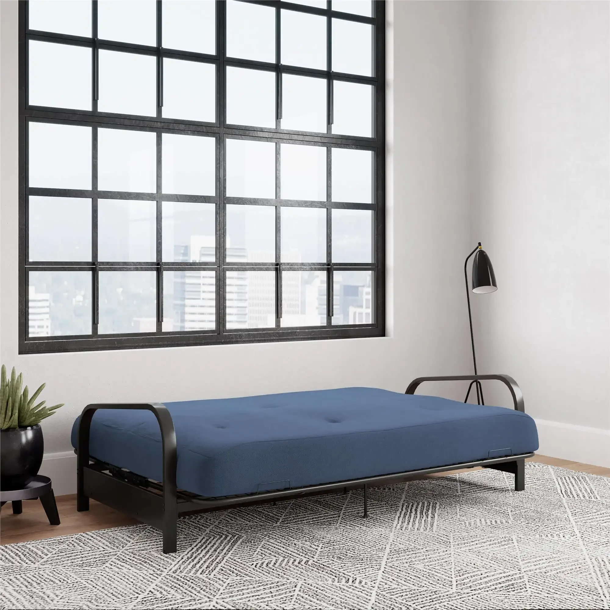 Cleo Black Metal Arm Full Size Futon Frame with 6” Blue Mattress