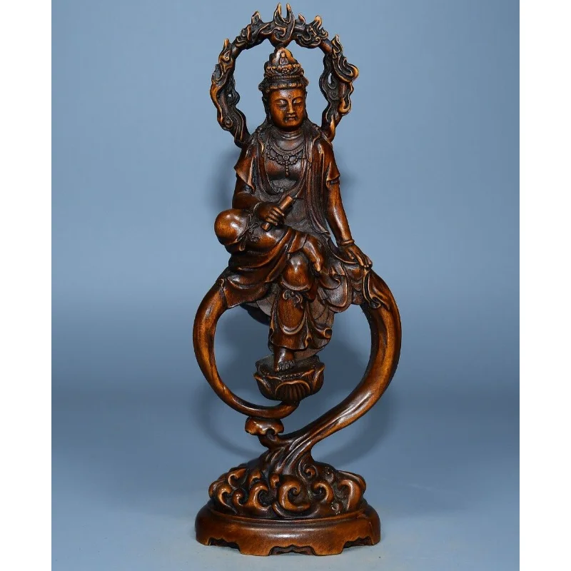 

7.5" Collection Chinese Box-wood Carving Buddhism Avalokitesvara Stand Statue Craft Gift Decoration Home Decore