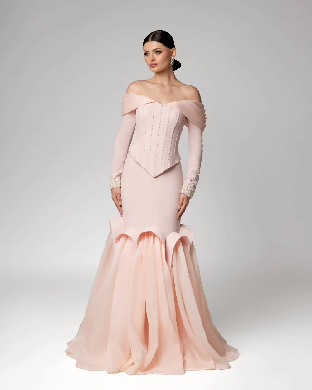 

Customized Pink Intricate Luxury Jersey Beading Pearl Rhinestone Mermaid Off-the-shoulder Long Dresses Evening Dresses Fashion