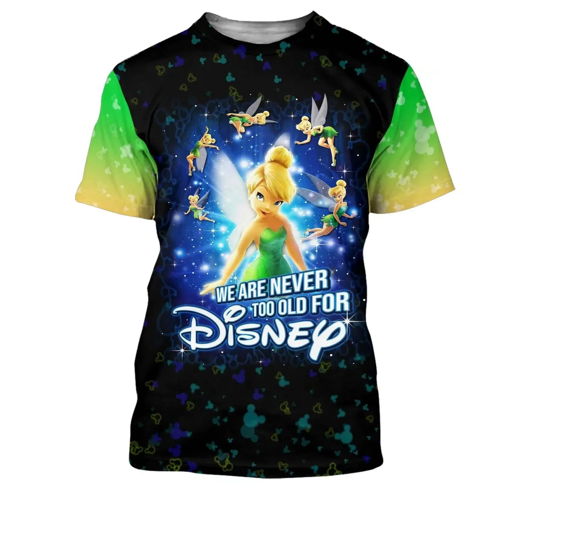 2024 New Tinker Bell Never Too Old For Green Black Disney Cartoon Cartoon 3D T-Shirt