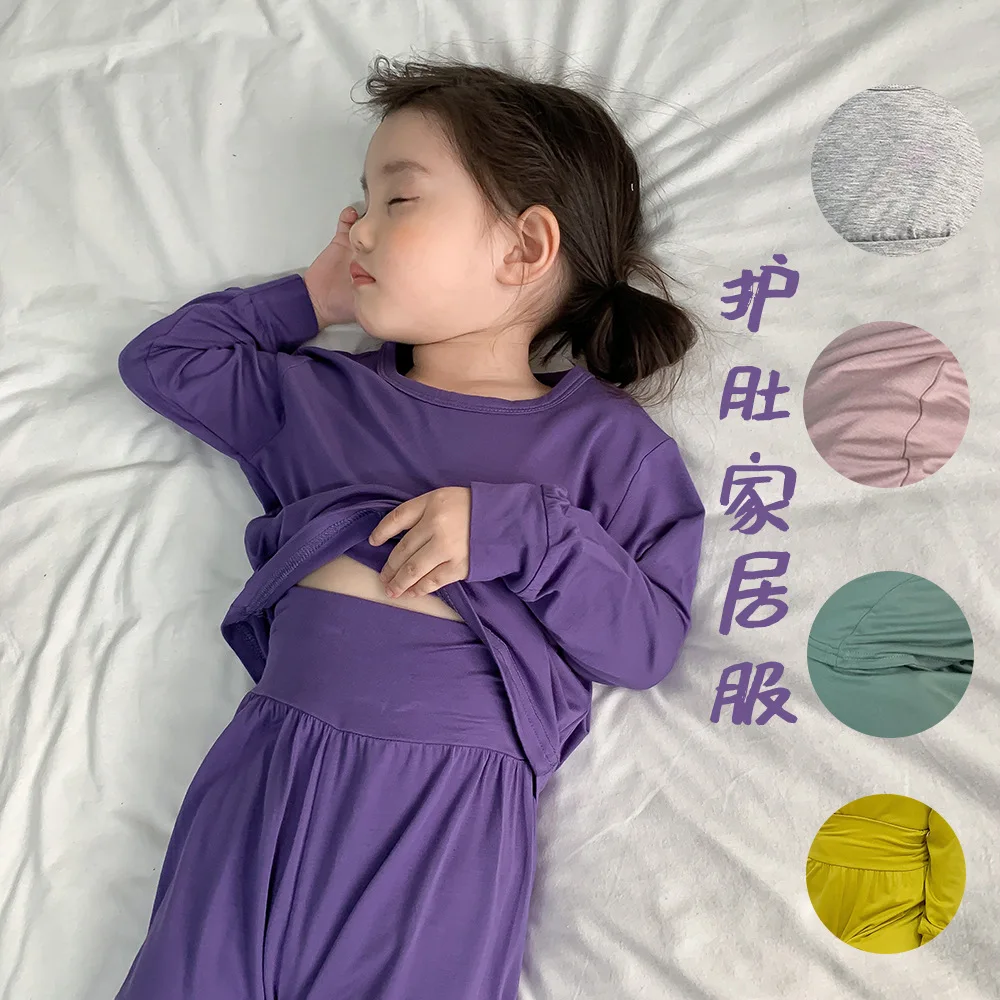 Children's clothing wood dale care belly home wear autumn new air conditioning clothing children's pajamas thin long Johns set