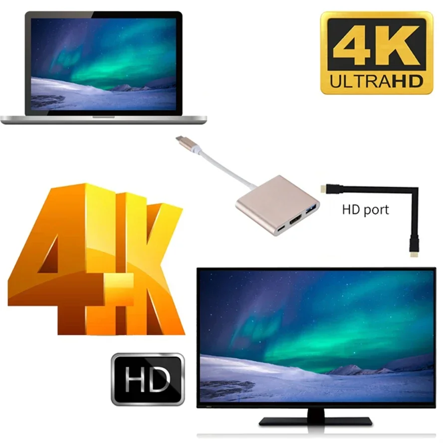 4K 1080P نوع C إلى HDMI-متوافق/ USB 3.0/ Type-C 3 في 1 محول كابل Thunderbolt 3 التبديل إلى كابل محول متوافق مع HDMI