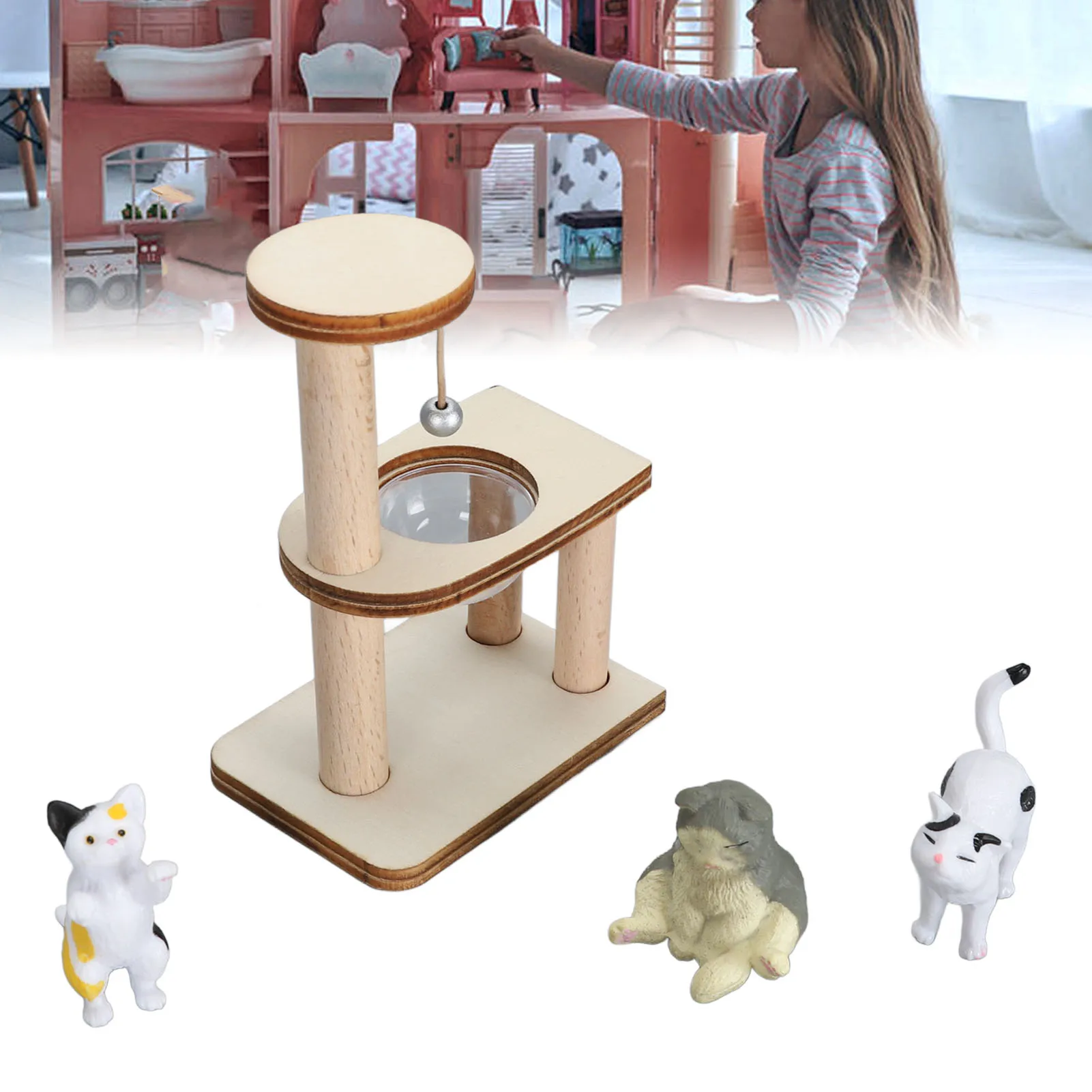 ZK30 Cat Figurine Cat Climbing Frame Cat Models DIY Assembly Cat Tree Interactive Dollhouse Toys for Cat Lover Transparent Cover