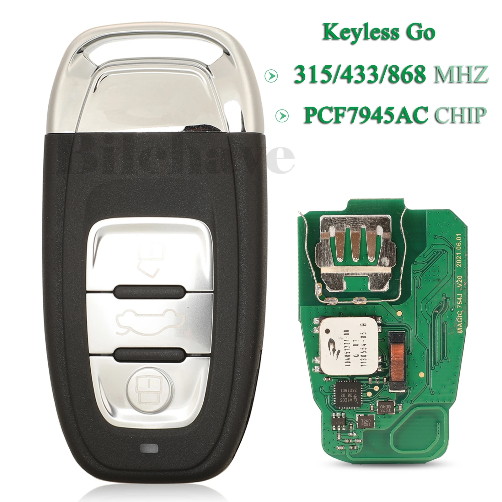 jingyuqin Keyless Go For Audi A4 A4L RS4 A5 S5 A6L A8 Q5 Q7 754J Remote Control Key FSK 315/433/868Mhz PCF7945AC Chip 3Button