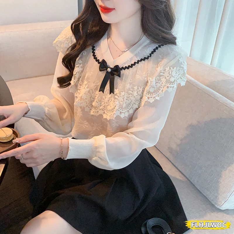 V Neck Bow Tie Lace Tops Women Korean Style Japan Design Long Sleeve Elegant Office Lady Cute Ribbon Sweet Basic Shirts Blouses