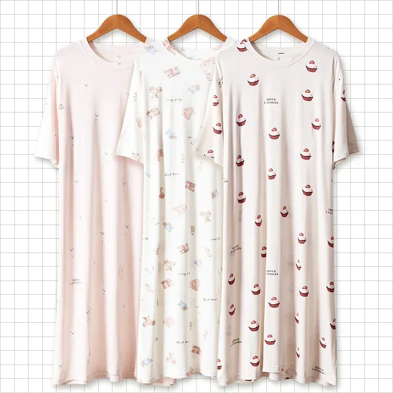 

Kuzuwata Japanese Simple Sweet Thin Modal Nightwear Short Sleeve Loose Outwear Nightgown Summer O Neck Printed Vestidos Mujer