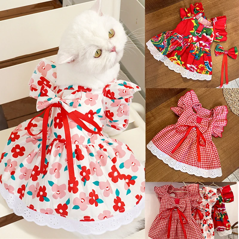 

Spring Plaid Princess Cat Dog Skirt Dog Summer Floral Dress With Bow Cute Chihuahua Bichon Yorkie Pet Cloth Puppy Vest Costume