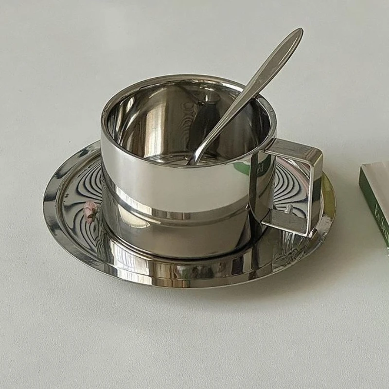 

Coffee Cup and Plate Set, Retro Stainless Steel Latte, Restaurant Cup with Spoon, Portable Table Cup