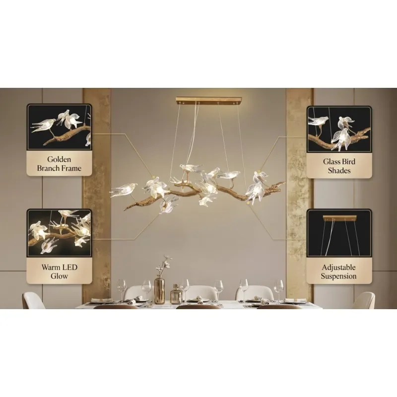 Full Copper Bird Shaped LED Chandelier Height Adjustable Medium Size Understated Luxury Retro Style Ceiling Light Fixture