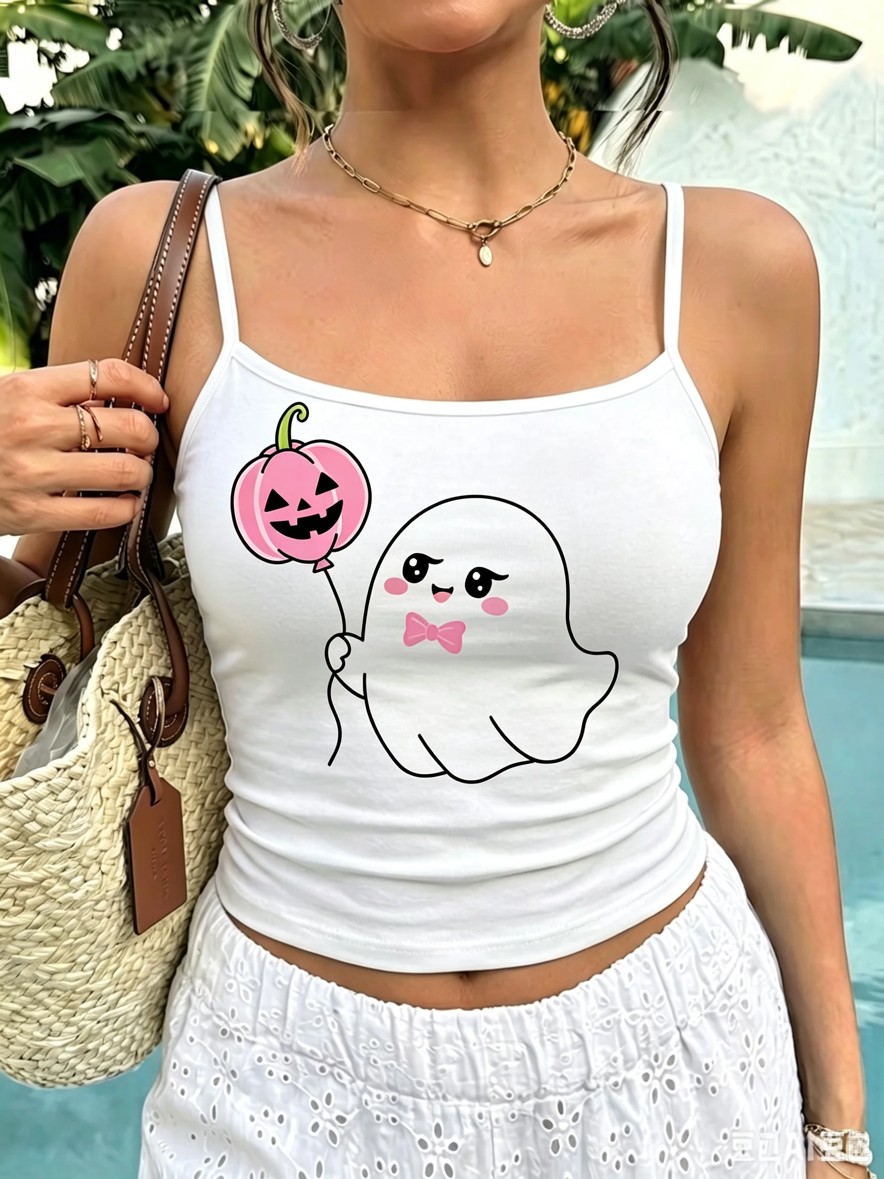 Womens Cami Top Contoured Mascot Silhouette Pink Blossom Garland Printed Thin Shoulder Straps Crisp White Base Summer Outwear