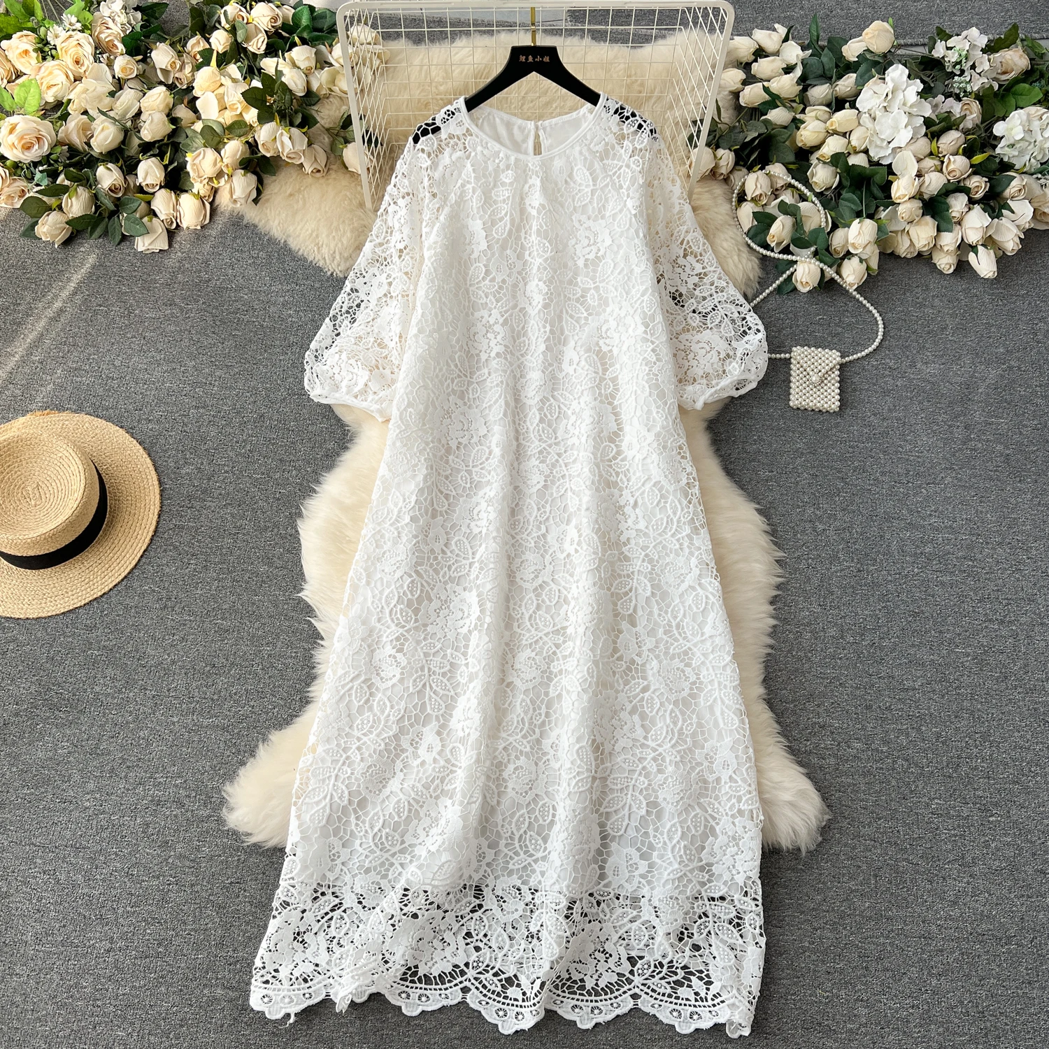 Chic Long Sleeve O Neck Lace Hook Flower Hollow Loose Dress Chiffon A-line Casual Dresses Fashion Women Elegant Vestidos