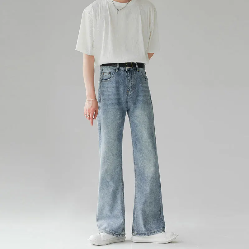 American Vintage New Fashion Men Loose Black Blue Solid Color Straight Simple Basic Casual Daily Jeans Pants Male Denim Trousers