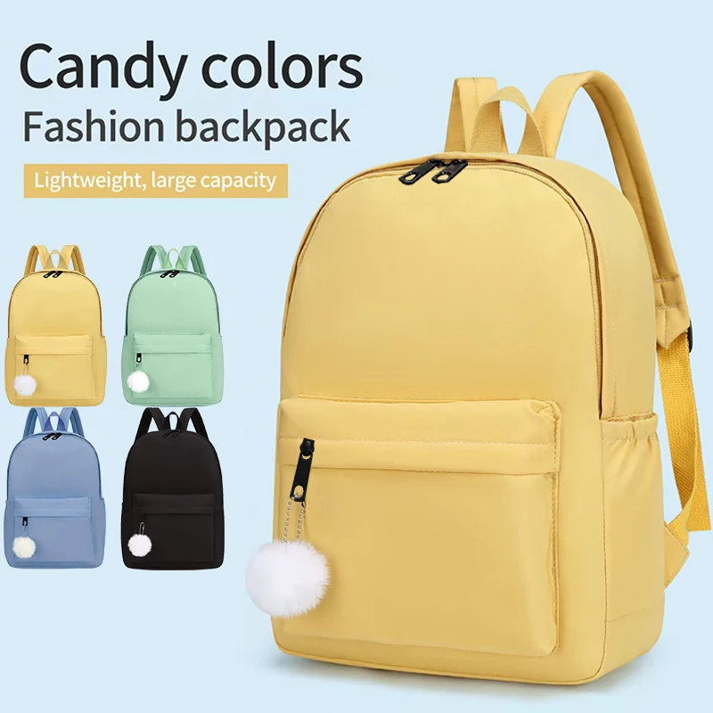 Everyday Spacious Candy Tone Canvas Backpack Cute Fluffy Ball Decor, Wear-resistant School Rucksack for Weekend Errands