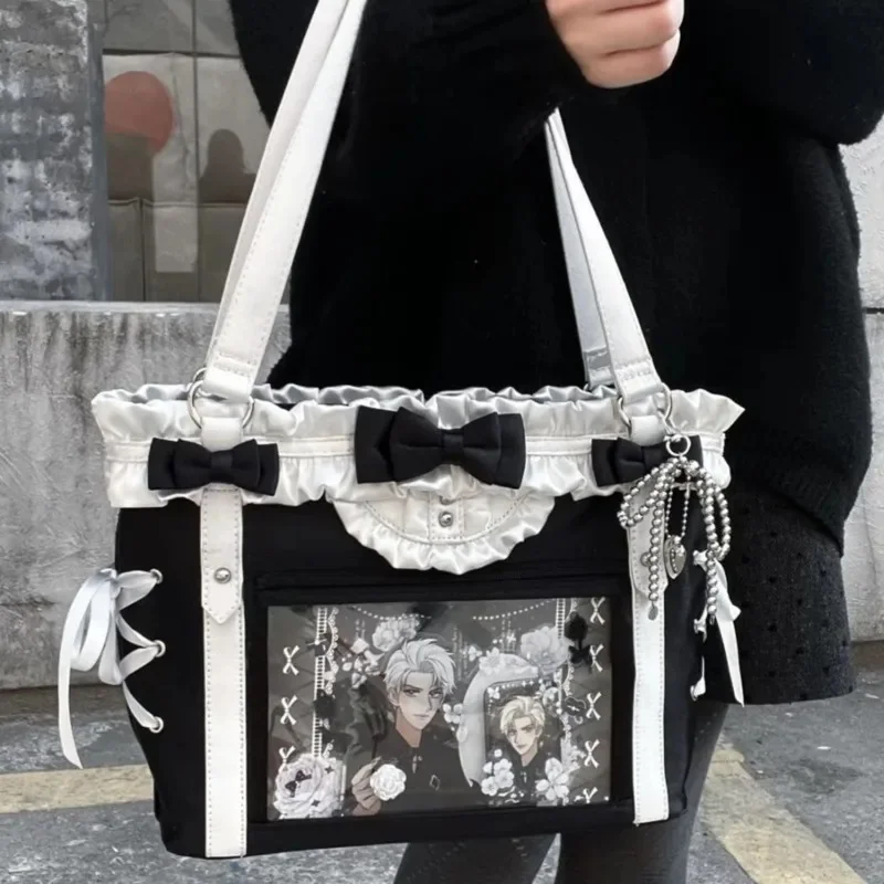 Y2K Aesthetic Bow Itabag Tote Bag Sweet College PU Shoulder Bag Anime Millet ItaBag Japanese High Capacity Ribbon Itabag New