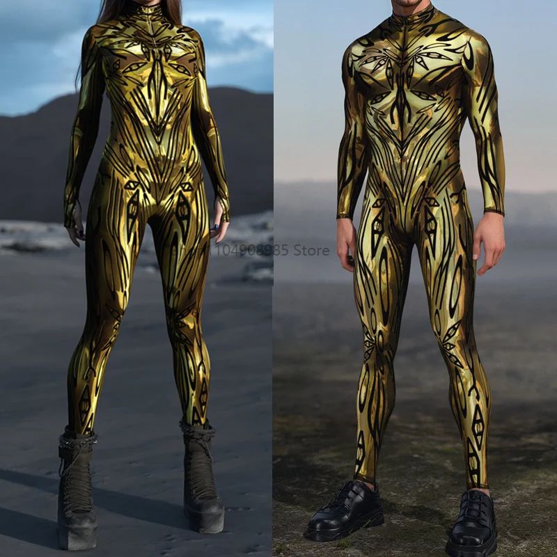 

Corrupted Gold Costume Cyber 3D Printed Cosplay Costume Front Zipper Multicolour Zentai Bodysuit Halloween Party Jumpsuits