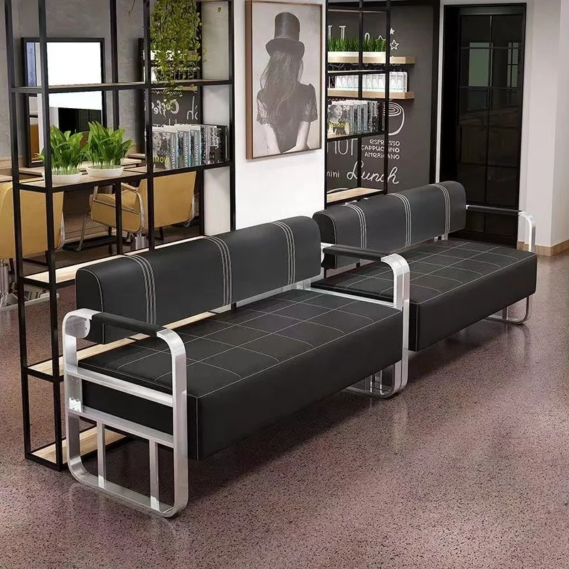 */Beauty Salon Barbershop Waiting Area Furniture Gold Metal Frame Leather Double Seats Room Chair